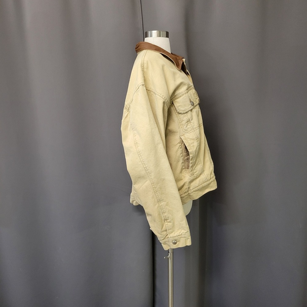 Vintage Woolrich Canvas Trucker Jacket Tan Leather Collar Striped Blanket Lined - Picture 2 of 9